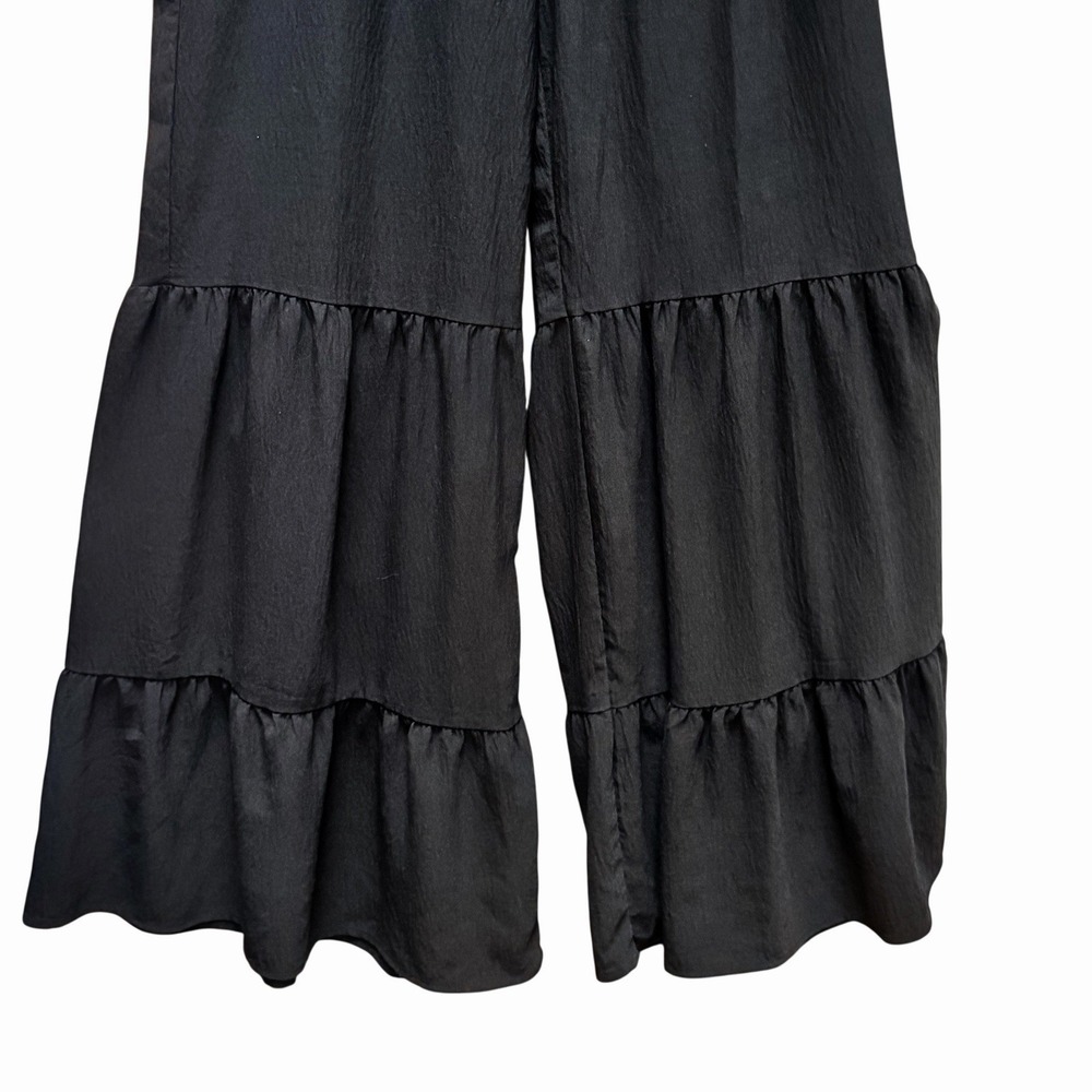 ODDY Black Ruffle Tiered Wide Leg Pants High Waist Flowy Fairy Whimsigoth SM - Picture 7 of 8